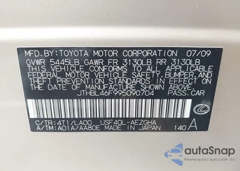 2009 Lexus Ls 460 from USA, damaged, VIN JTHBL46F995090704